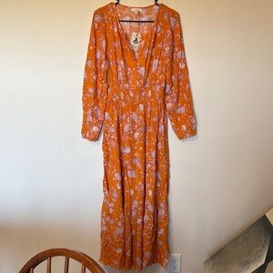 easel Orange Paisley Long-Sleeve Maxi Dress